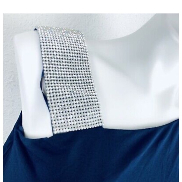 Jackie Jon Navy Stretch One Shoulder Dress Sz 16 - Picture 3 of 4